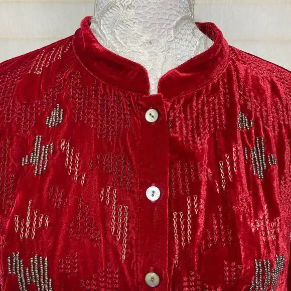 Sundance Velvet Embroidered Beaded Button Up Tunic Red Women Medium - Picture 5 of 9